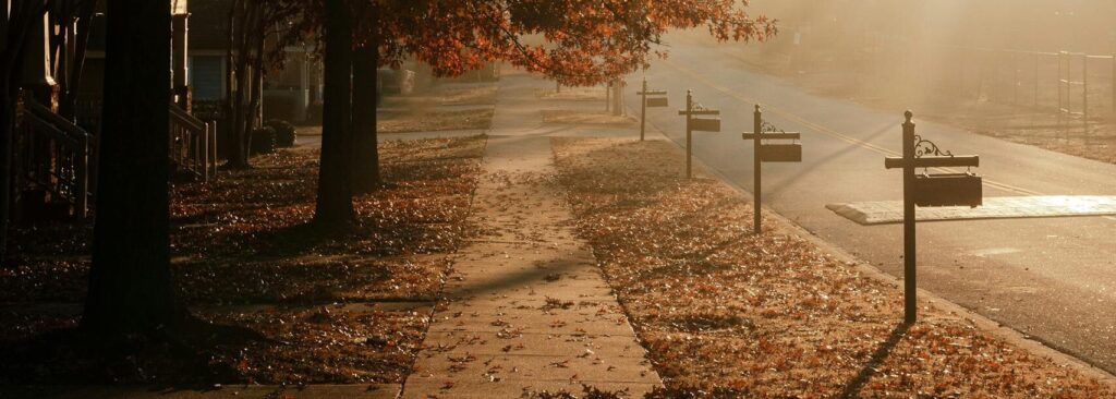Autumn morning with golden light on a sidewalk in Greenville, featuring trees and townhouses.